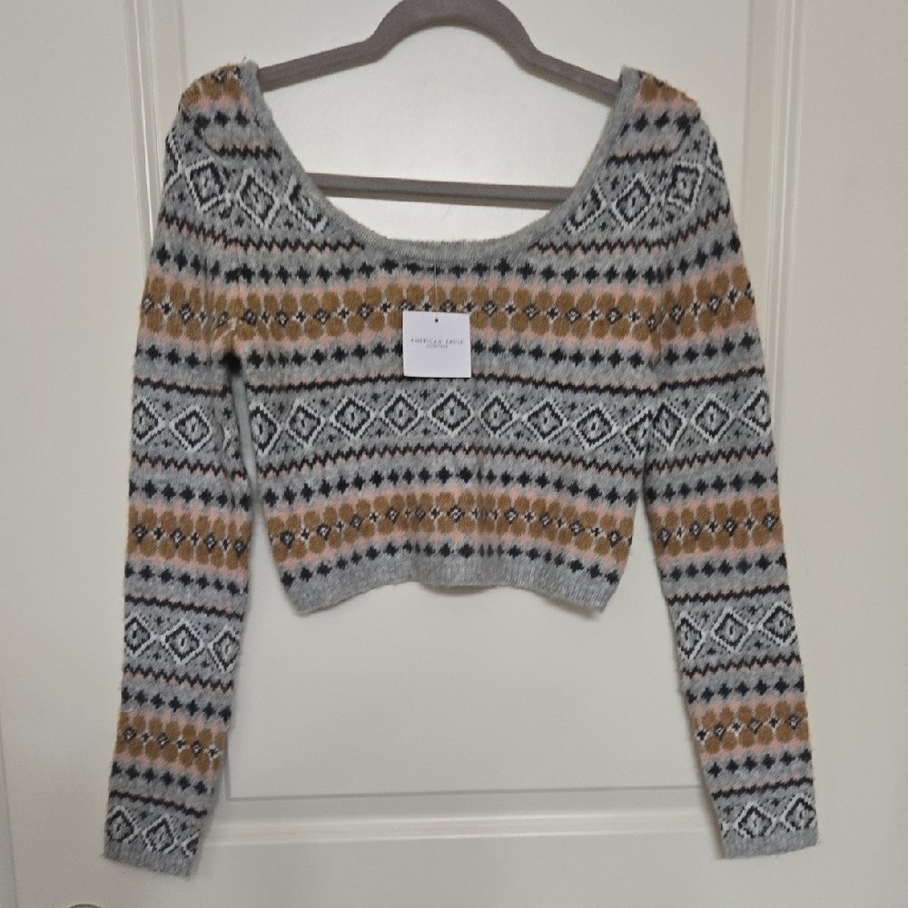 American Eagle Outfitters Gray and Brown Geometric Sweater